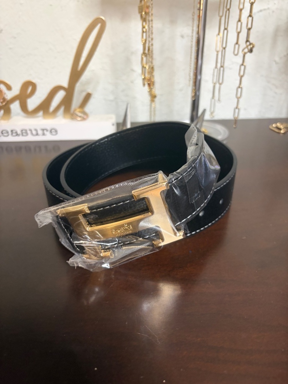 Black Leather Men’s Belt with Gold H Buckle